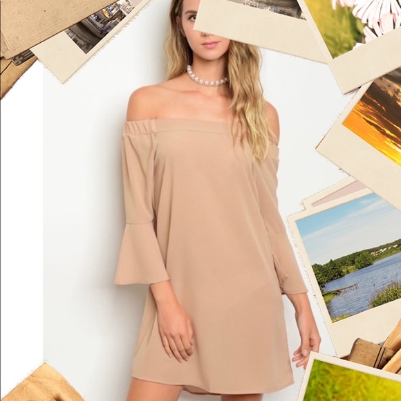 Available by Angela Fashion Dresses & Skirts - AVAILABLE TAN OFF-SHOULDER DRESS